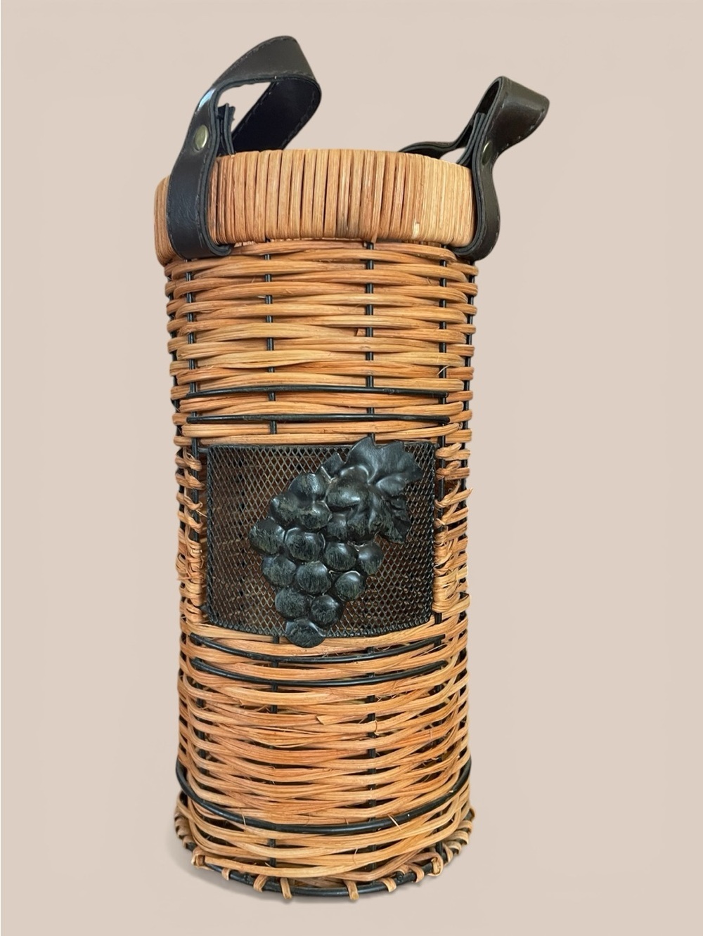 Vintage wine bottle carrier with straps, woven rattan, mesh and metal grapes